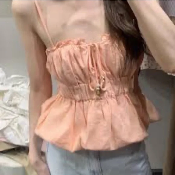 Zara  NWT Peach Linen Elastic top bubble hem beads bow tight ref 8372/113/696 - Picture 5 of 15